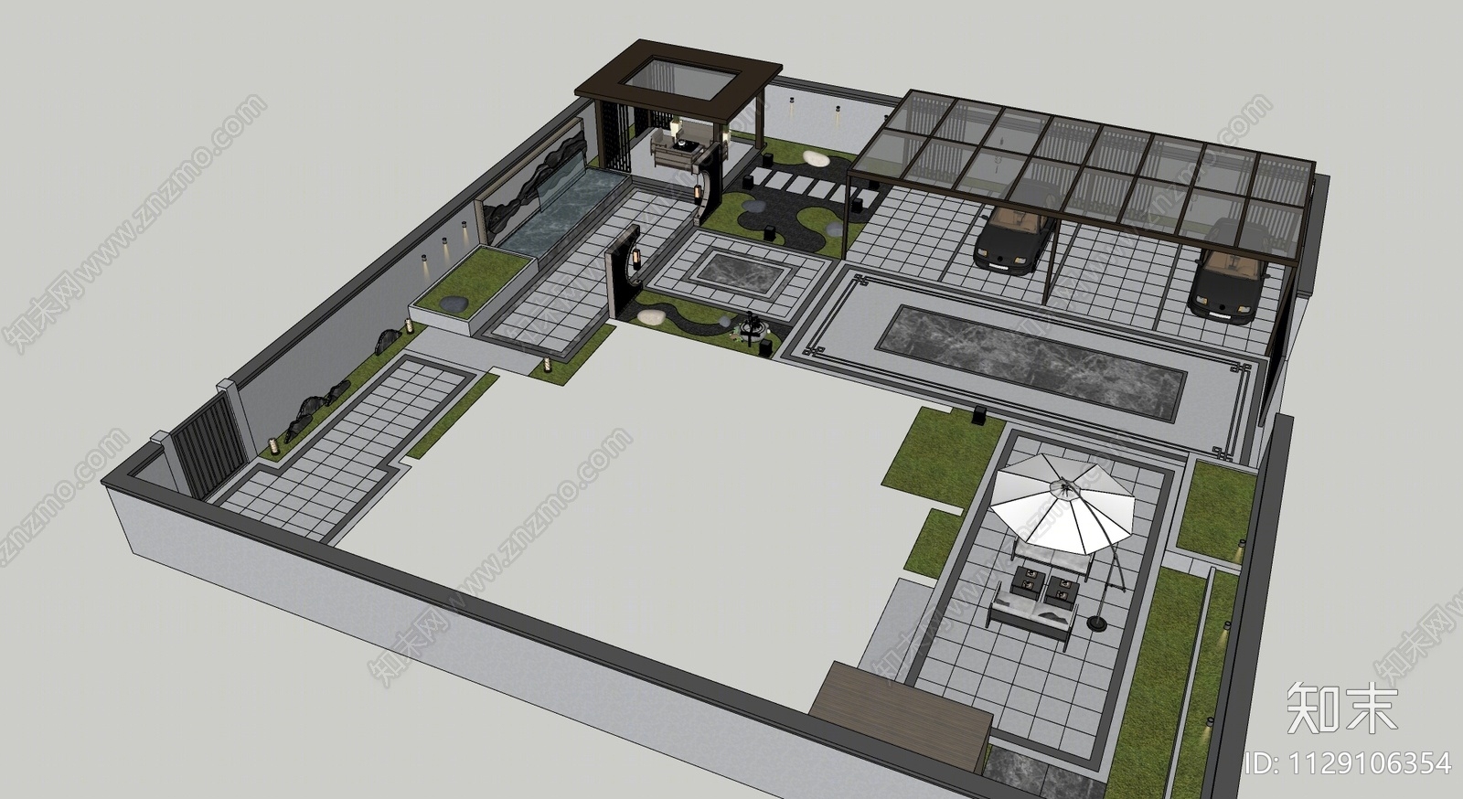 新中式庭院花园SU模型下载【ID:1129106354】
