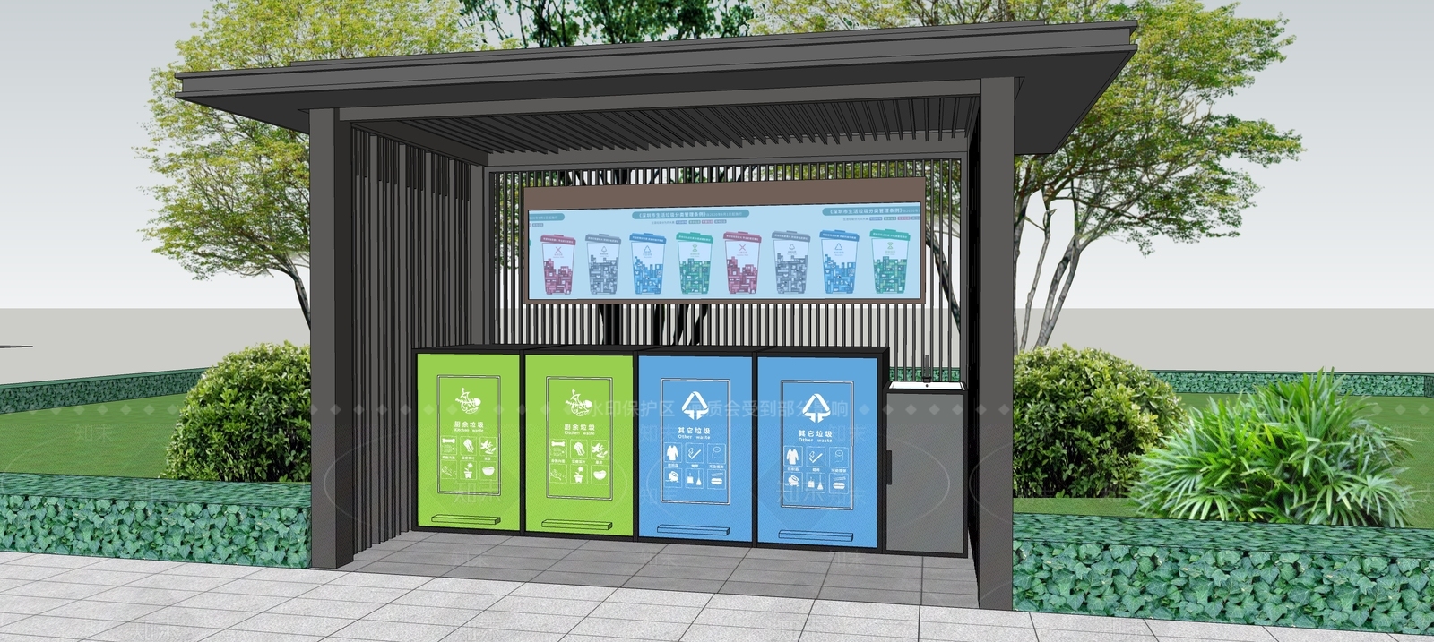 新中式垃圾回收廊架SU模型下载【ID:1129109314】