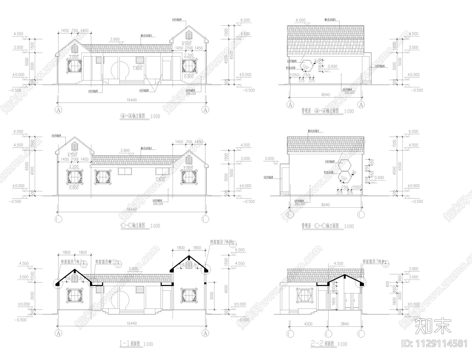 新中式民宿建筑cad施工图下载【ID:1129114581】