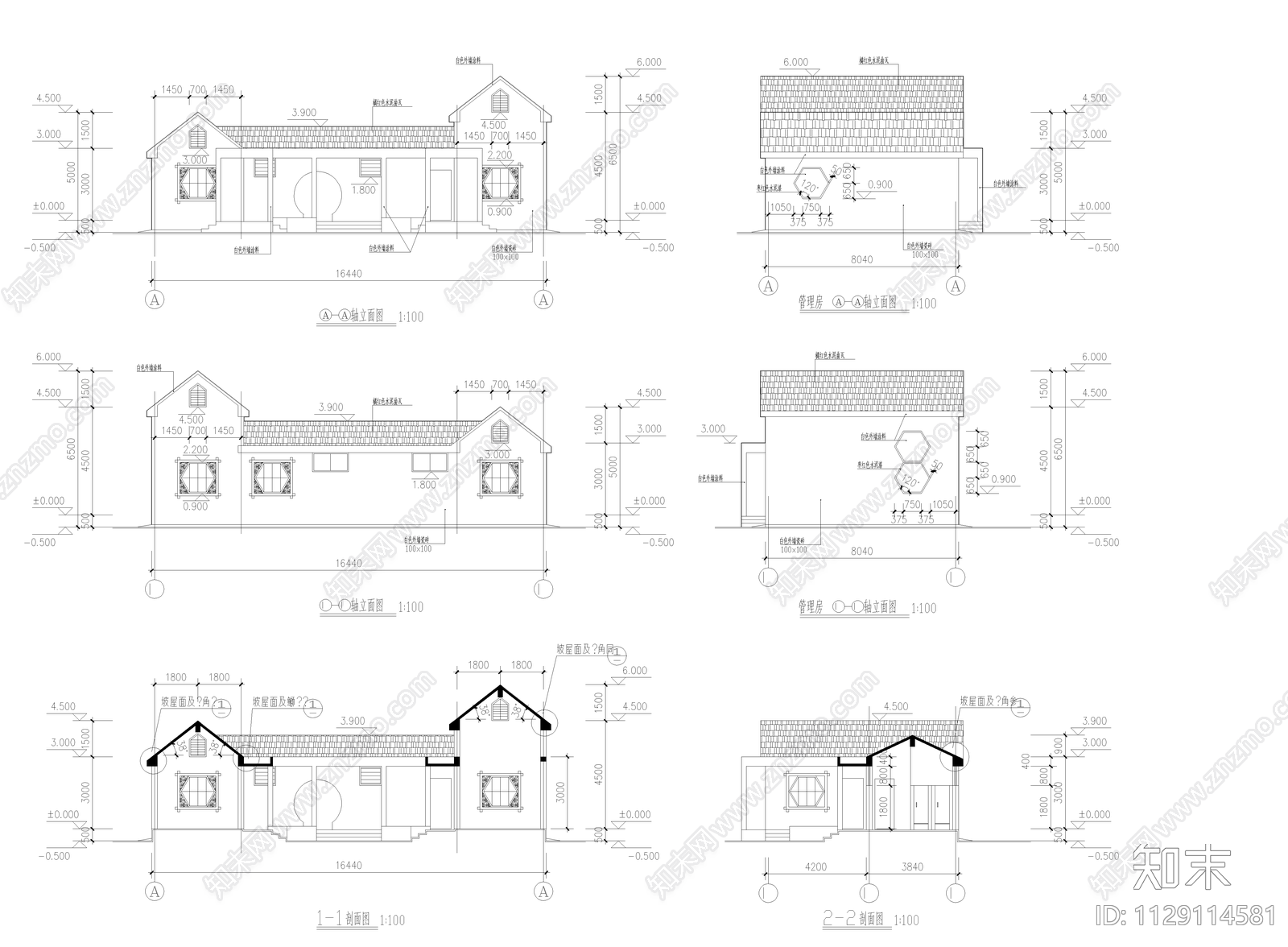 新中式民宿建筑cad施工图下载【ID:1129114581】