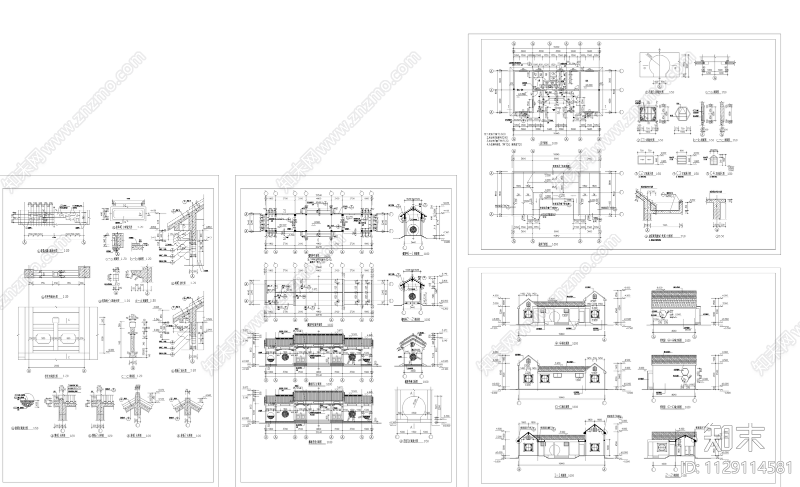 新中式民宿建筑cad施工图下载【ID:1129114581】