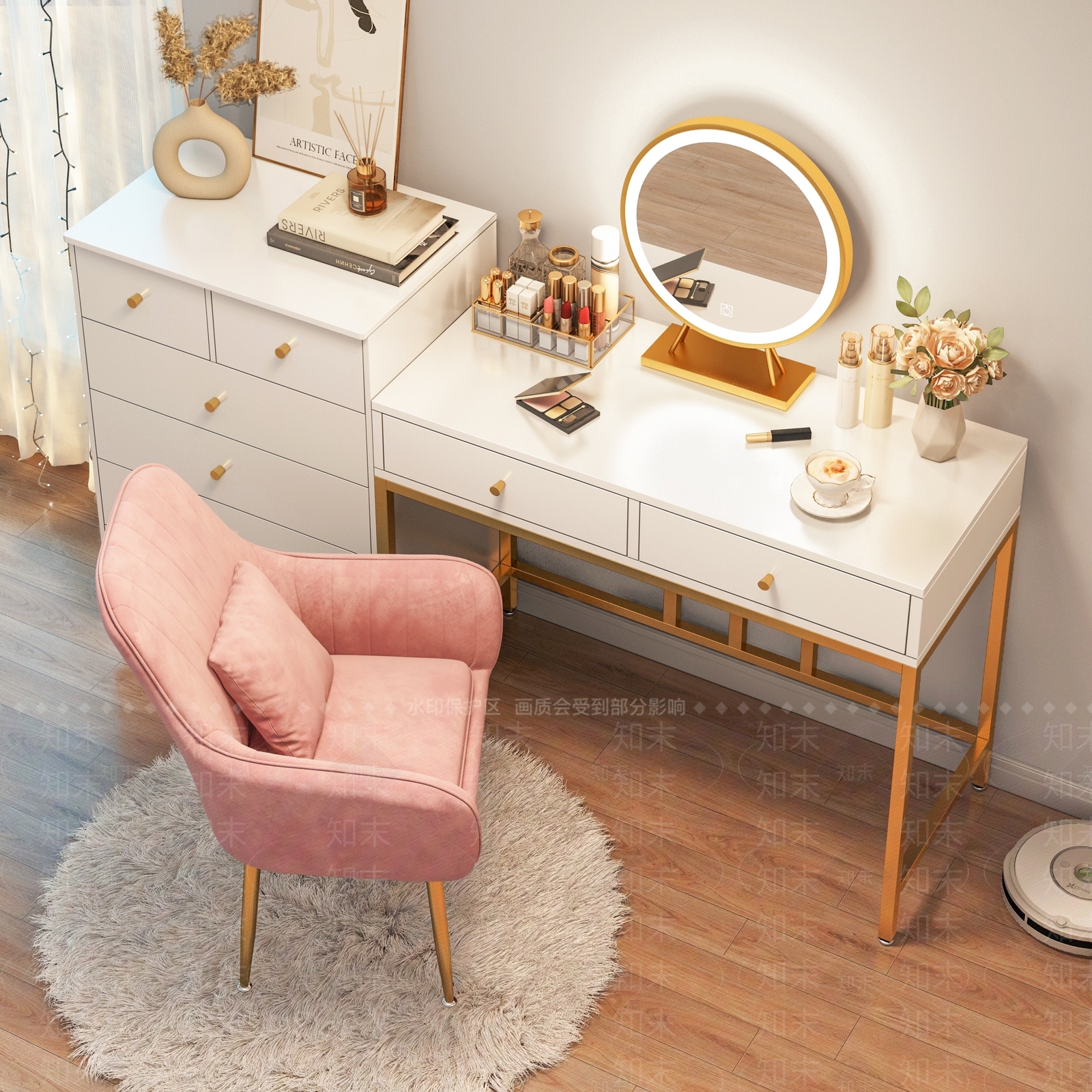 北欧轻奢妆台妆凳组合3D模型下载【ID:1129130592】