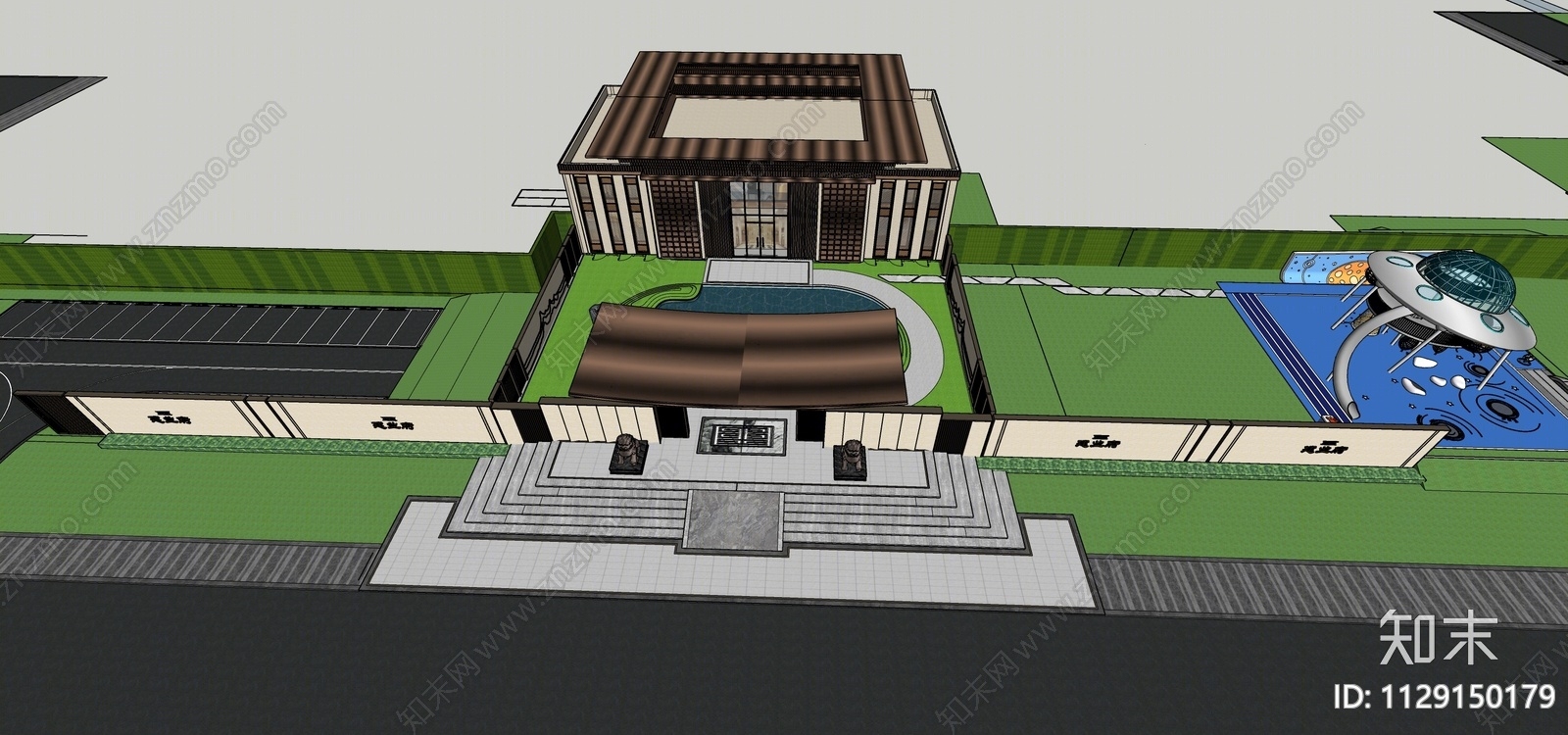 新中式示范区景观SU模型下载【ID:1129150179】