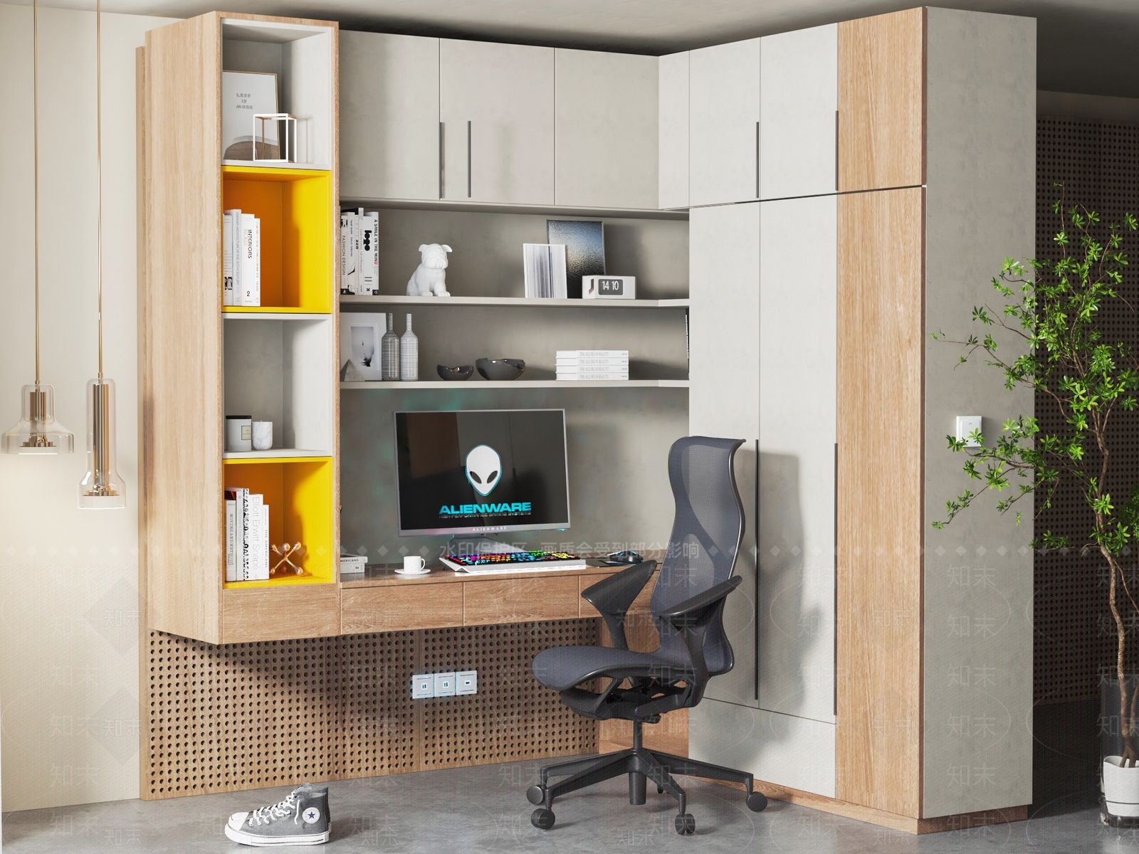 现代书桌书柜组合3D模型下载【ID:1129154424】