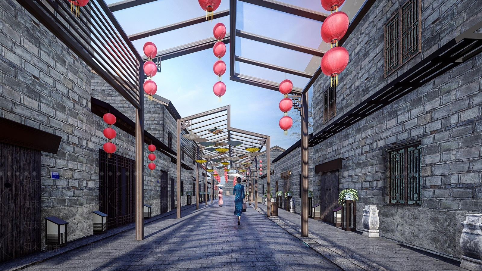 中式仿古商业街SU模型下载【ID:1129155787】