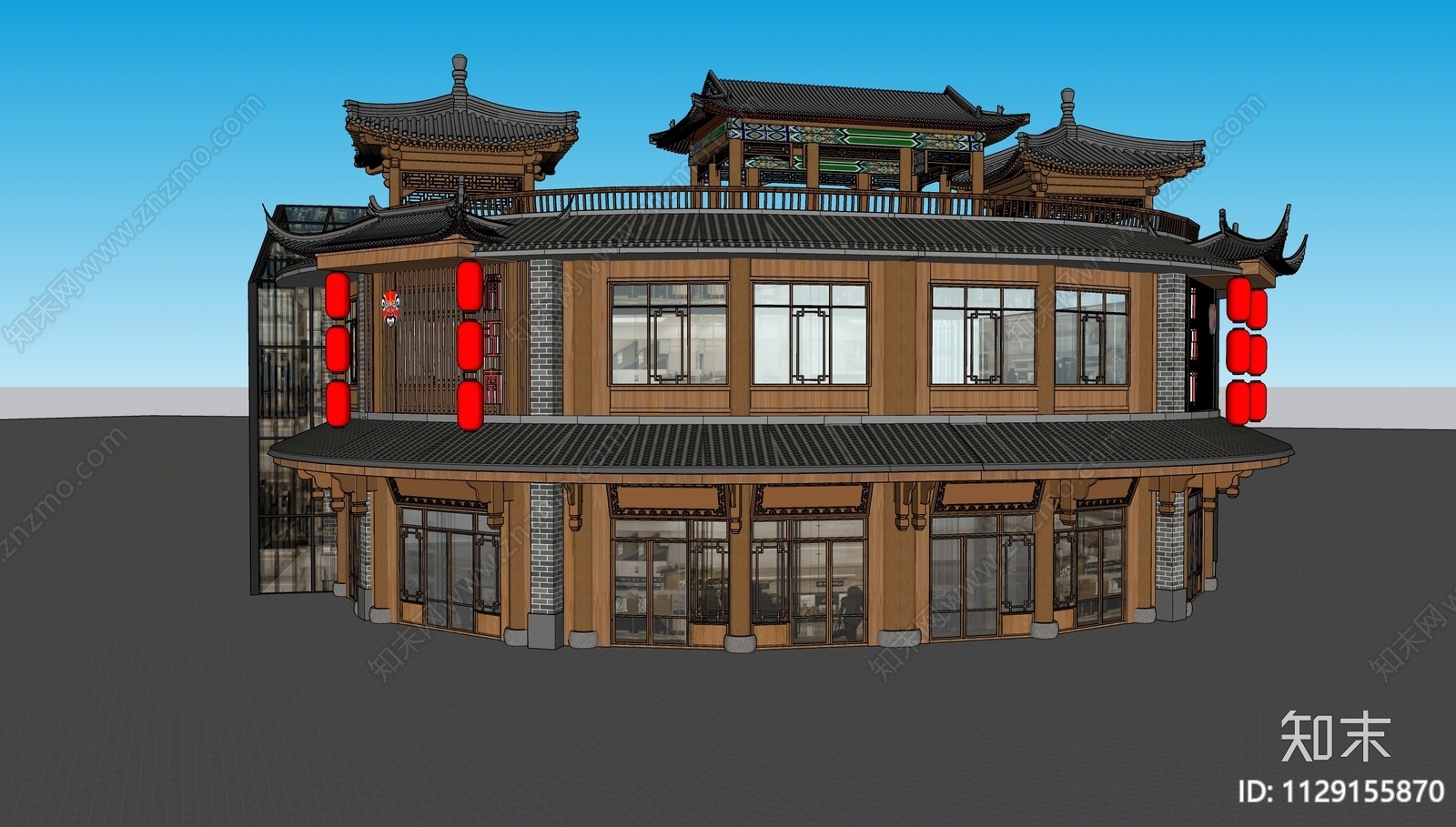 中式餐饮建筑SU模型下载【ID:1129155870】