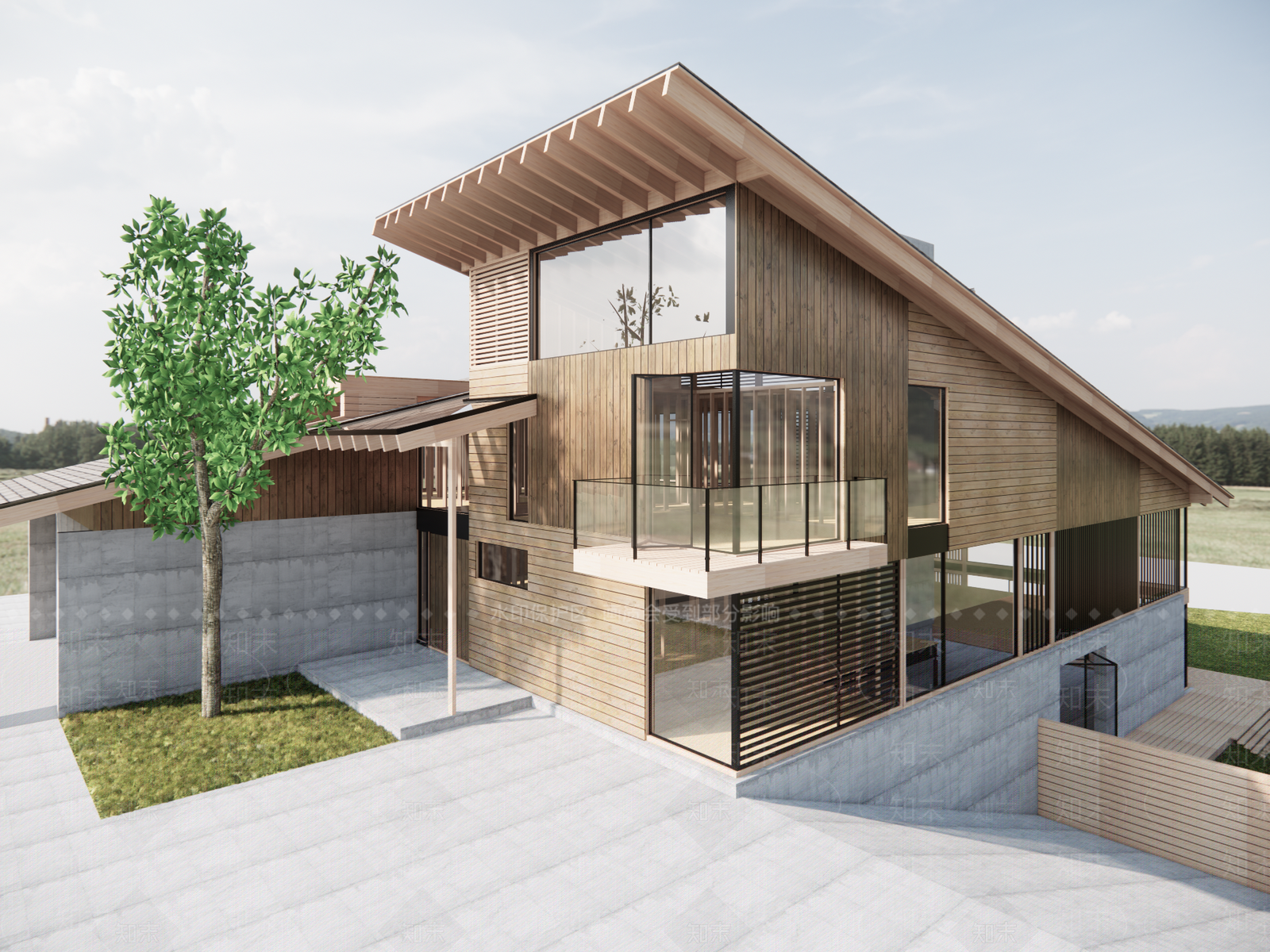 现代坡屋顶独栋别墅SU模型下载【ID:1129167565】