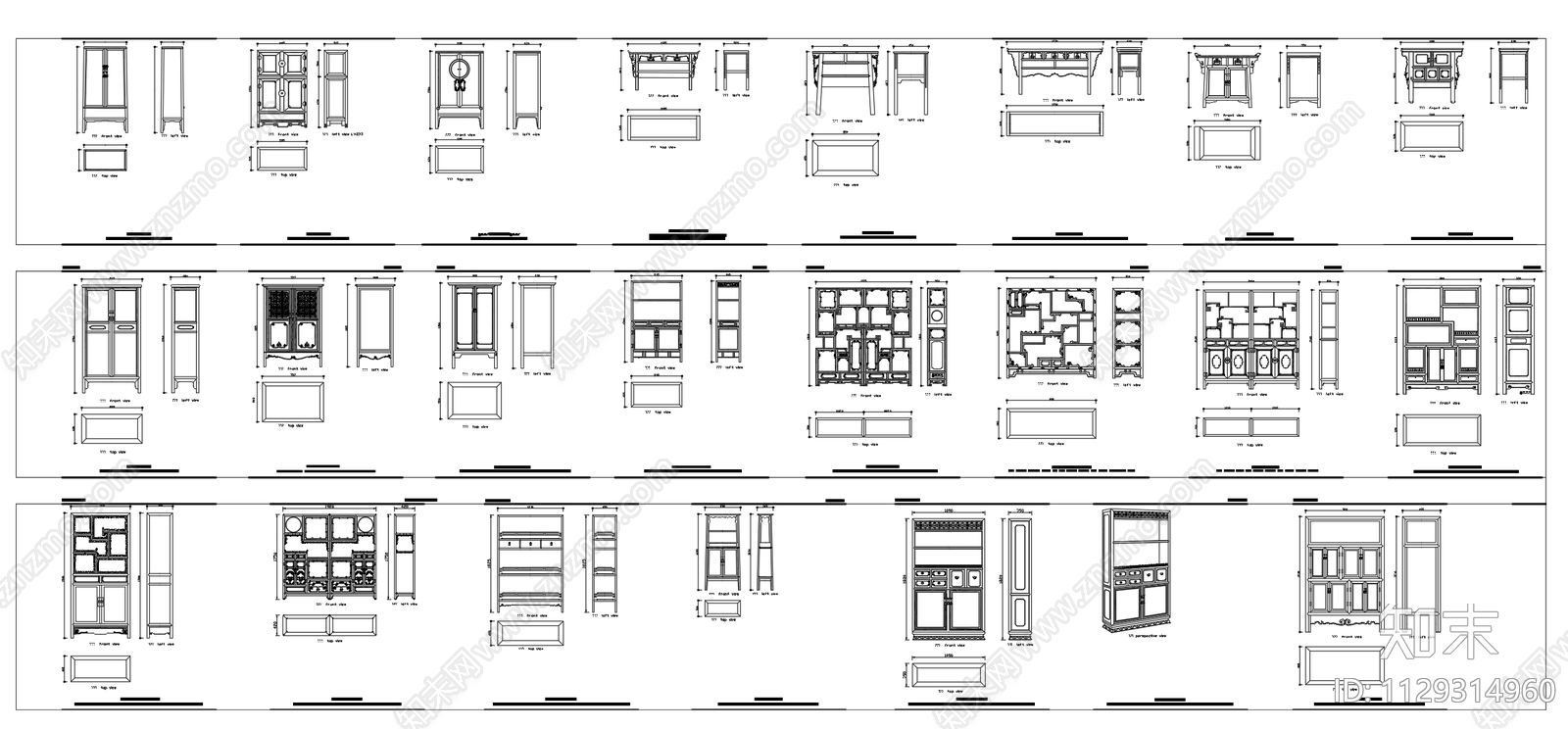 中式柜子平立面侧面施工图下载【ID:1129314960】