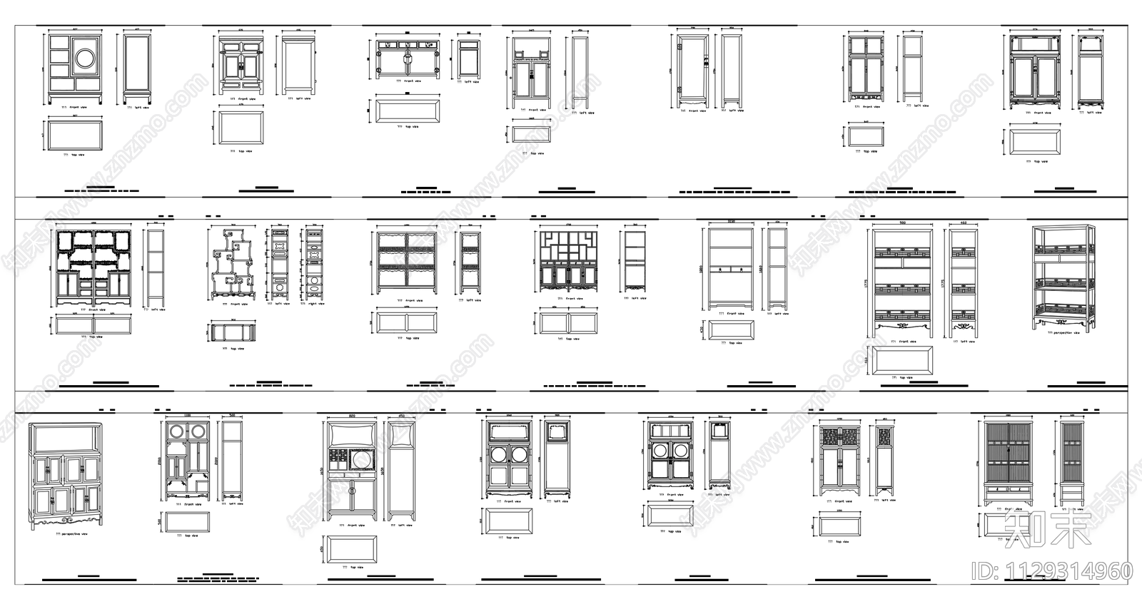 中式柜子平立面侧面施工图下载【ID:1129314960】