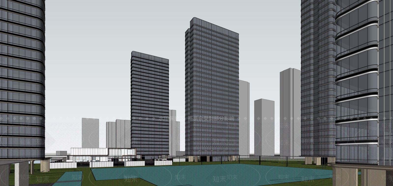 现代弧形住宅群体SU模型下载【ID:1129183134】