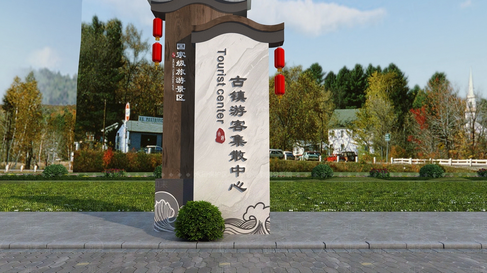 新中式广告牌3D模型渲染效果图