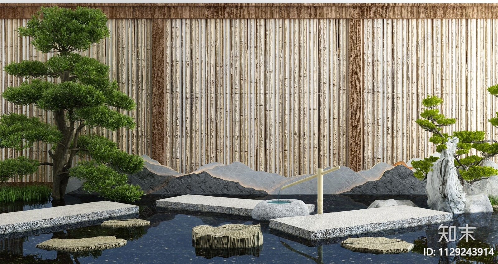 新中式庭院假山水景3D模型下载【ID:1129243914】