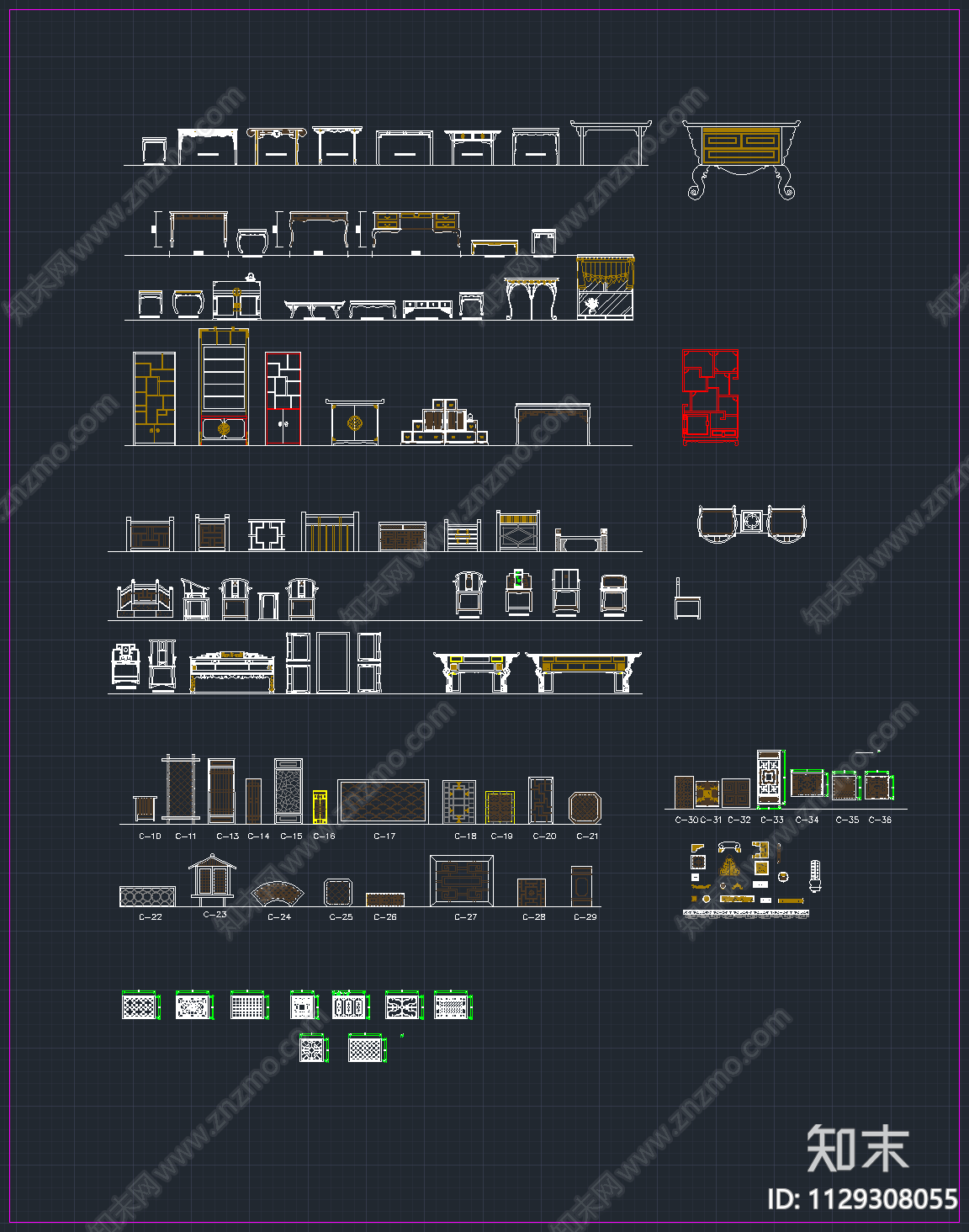 中式古典家具cad施工图下载【ID:1129308055】