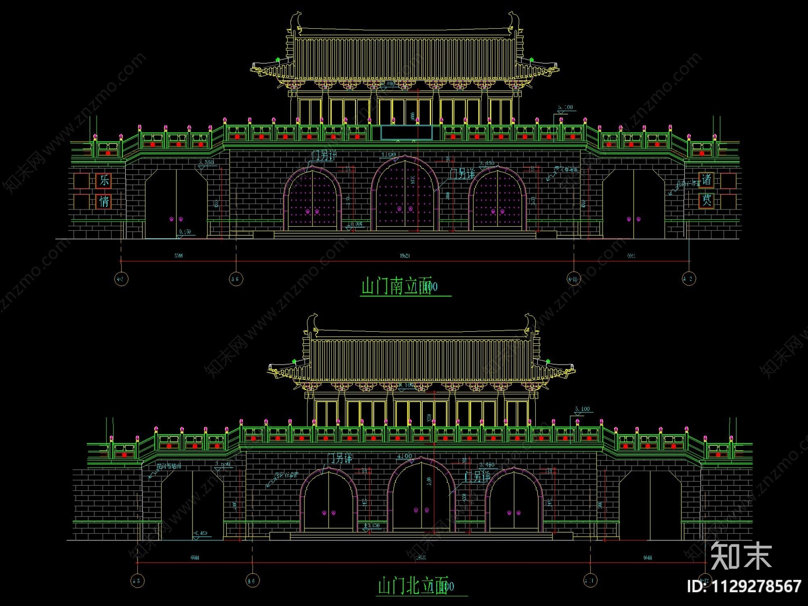 仿古山门建筑cad施工图下载【ID:1129278567】