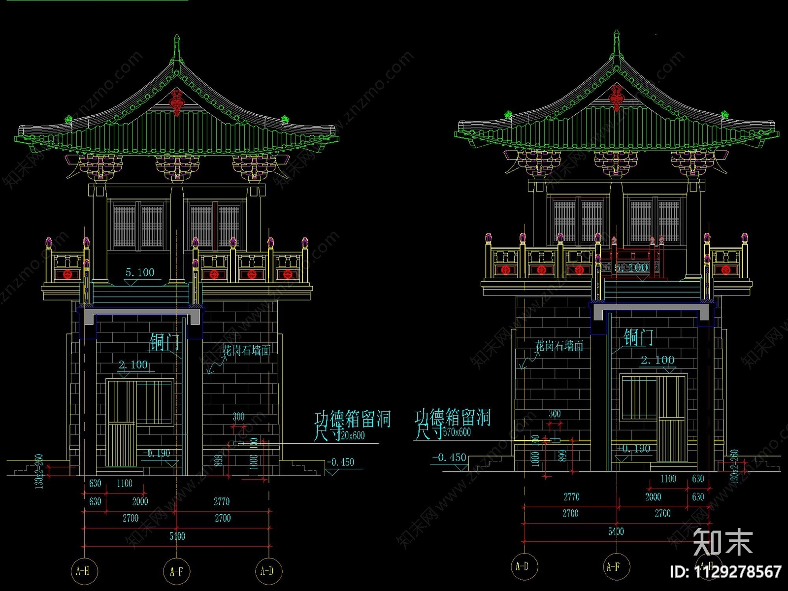 仿古山门建筑cad施工图下载【ID:1129278567】