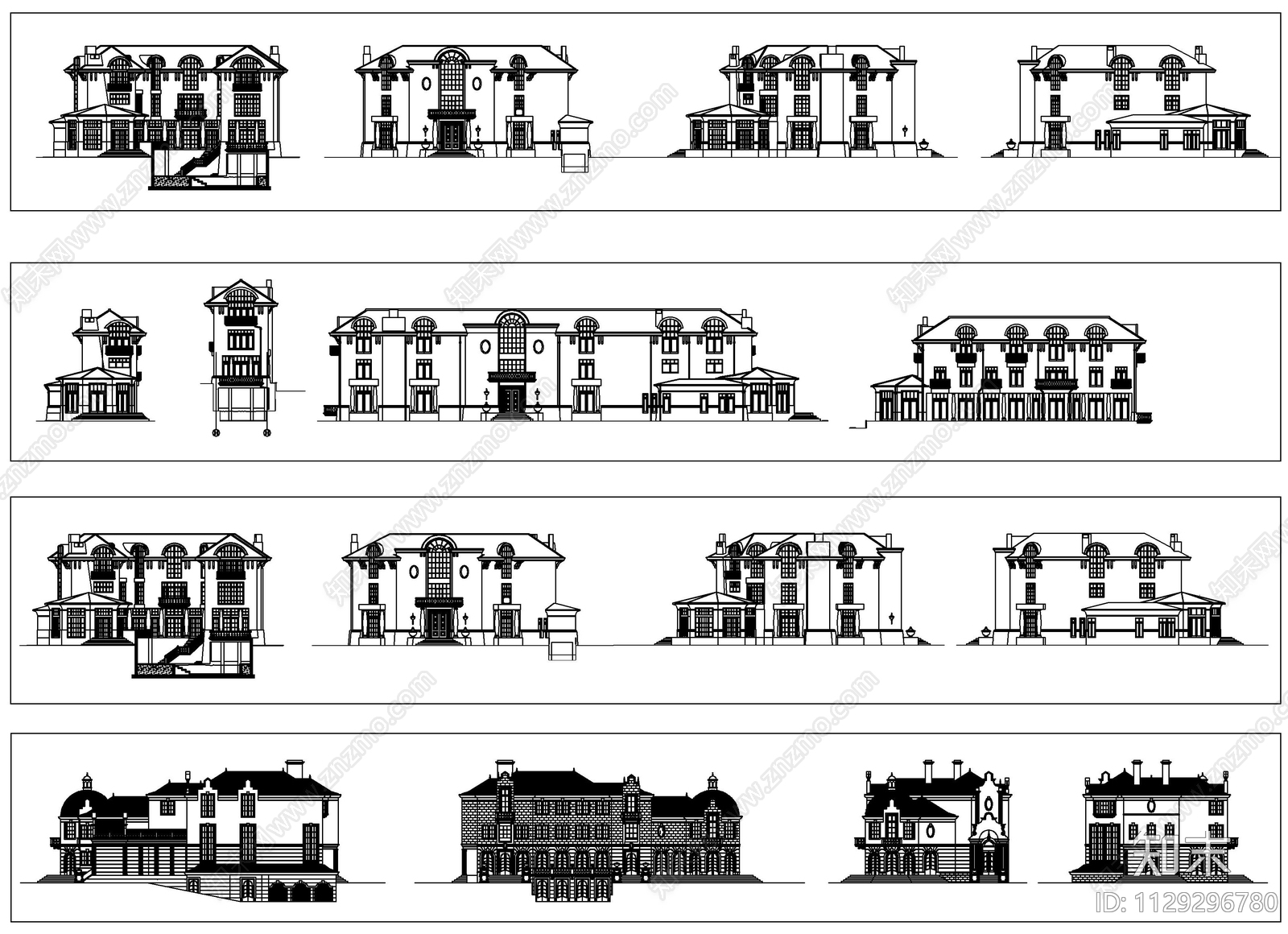欧式别墅建筑立面施工图下载【ID:1129296780】
