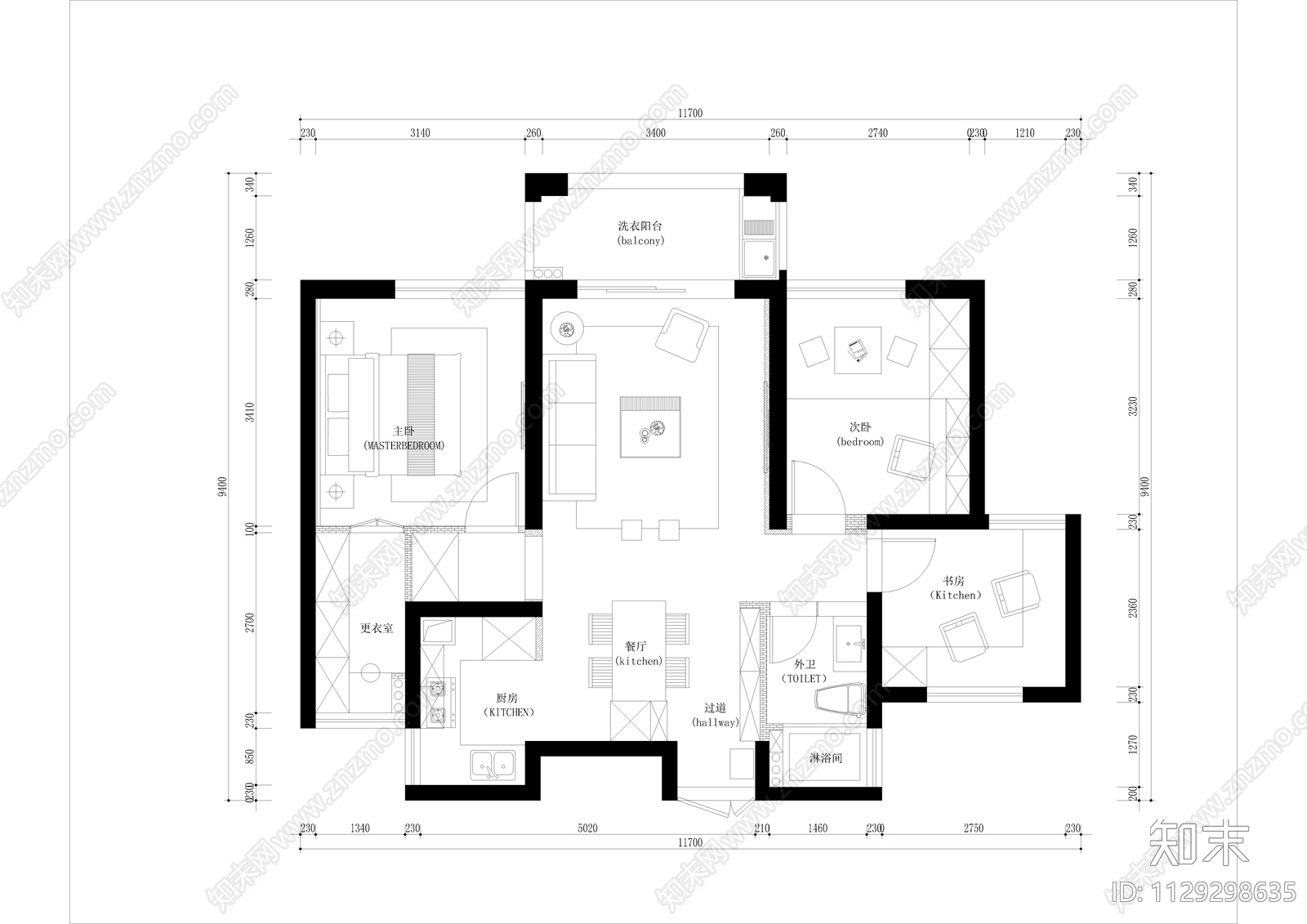 北欧平层cad施工图下载【ID:1129298635】