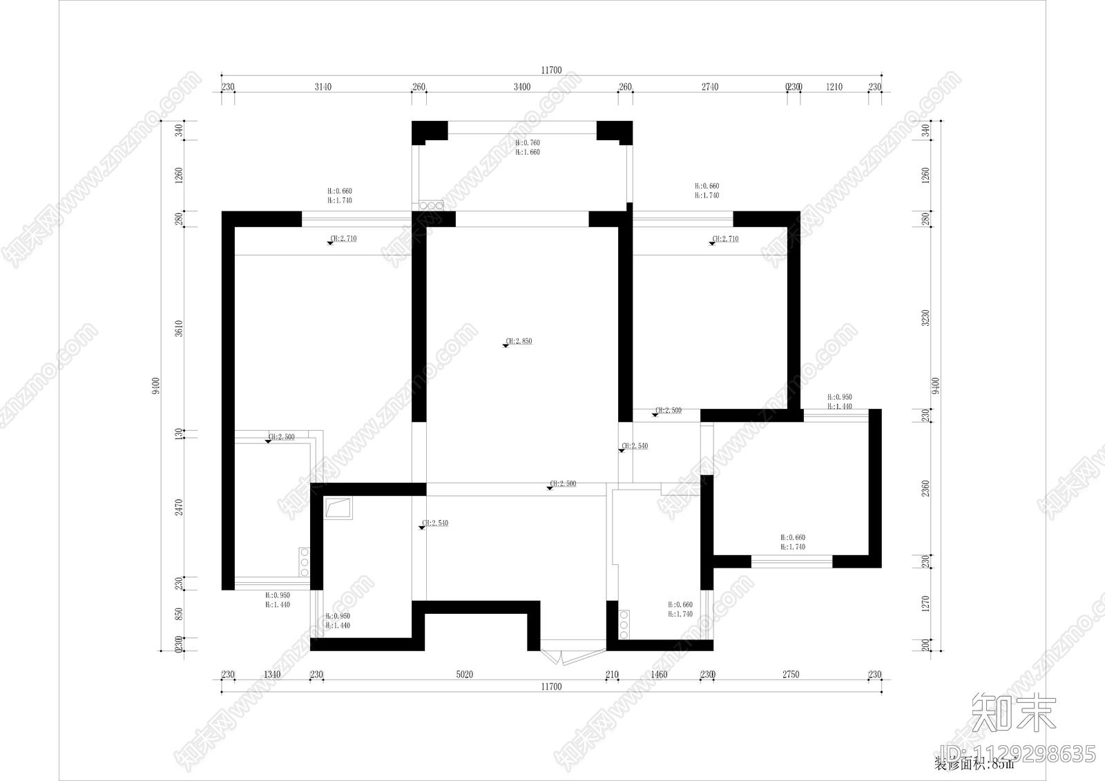 北欧平层cad施工图下载【ID:1129298635】