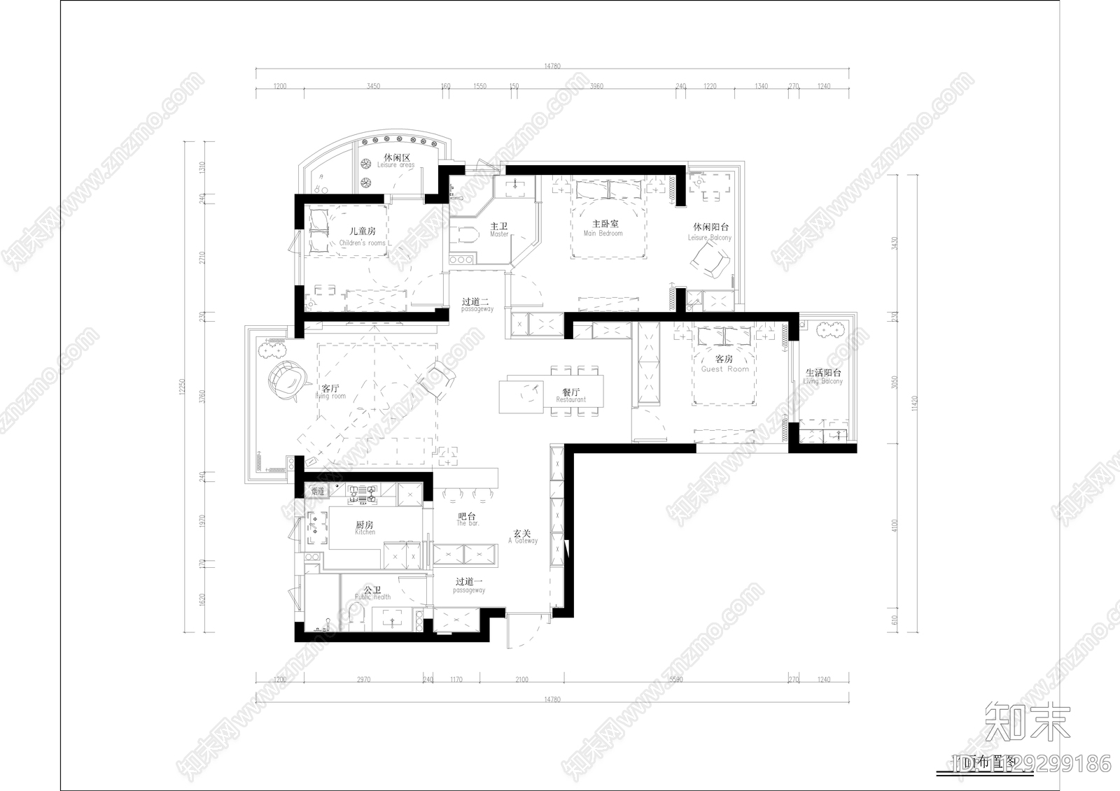 现代简约大平层室内装修cad施工图下载【ID:1129299186】