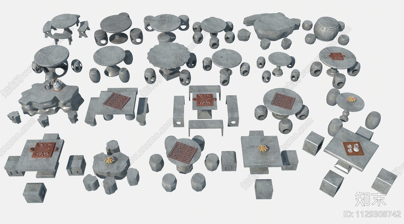 现代石桌椅组合3D模型下载【ID:1129308742】