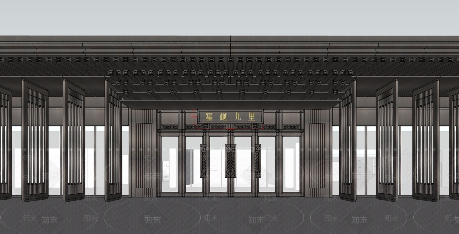 新中式售楼处建筑SU模型下载【ID:1129358387】