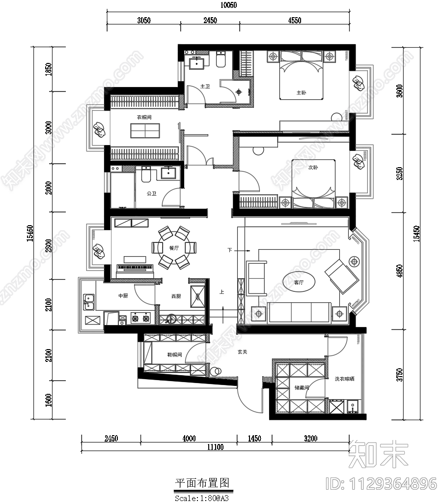 家装平层室内cad施工图下载【ID:1129364896】