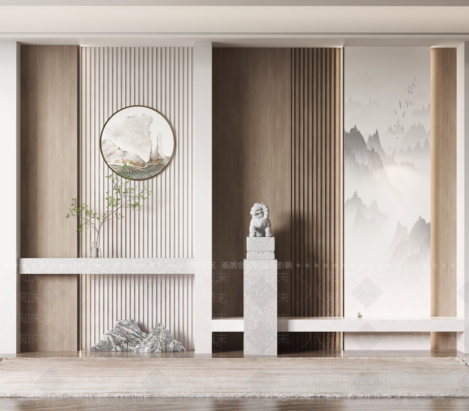 新中式玄关背景墙3D模型下载【ID:1129405794】_知末3d模型网