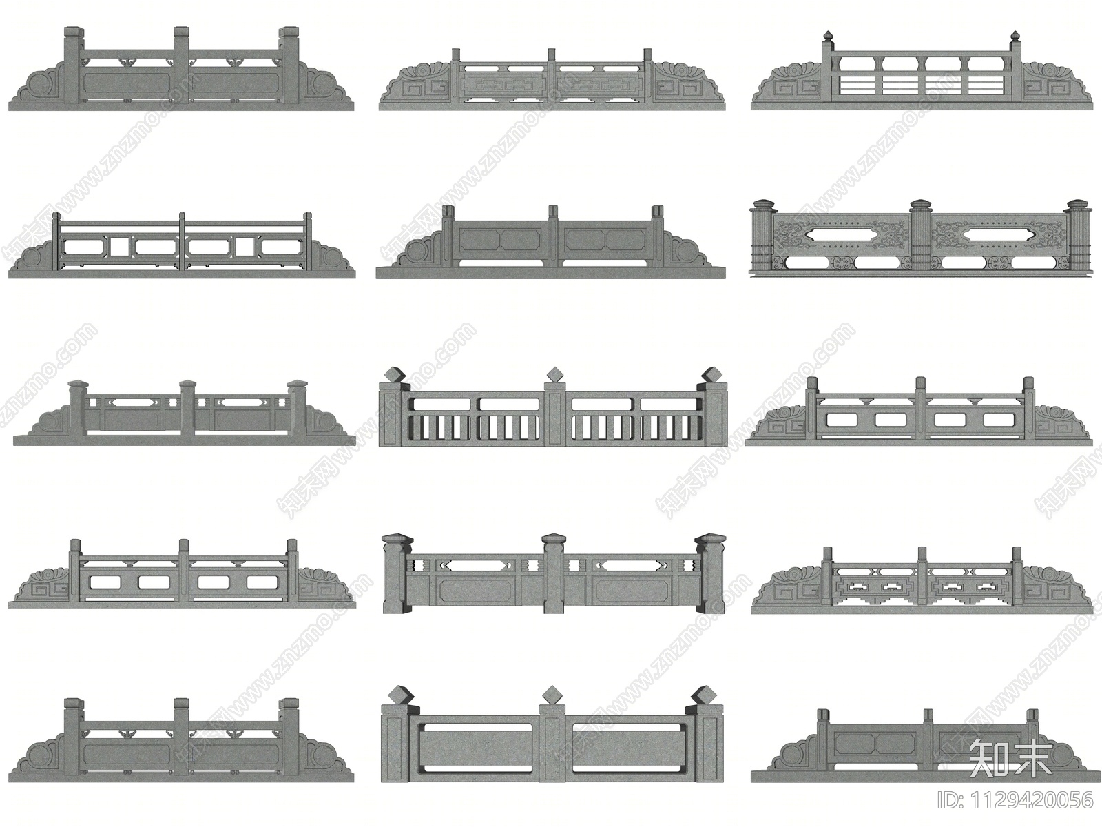 中式石材栏杆SU模型下载【ID:1129420056】