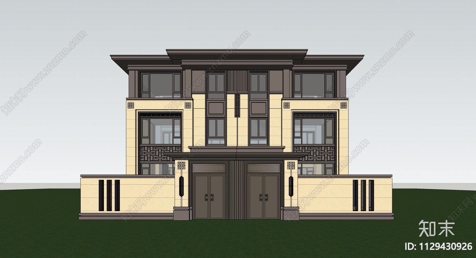 新中式风格双拼别墅SU模型下载【ID:1129430926】