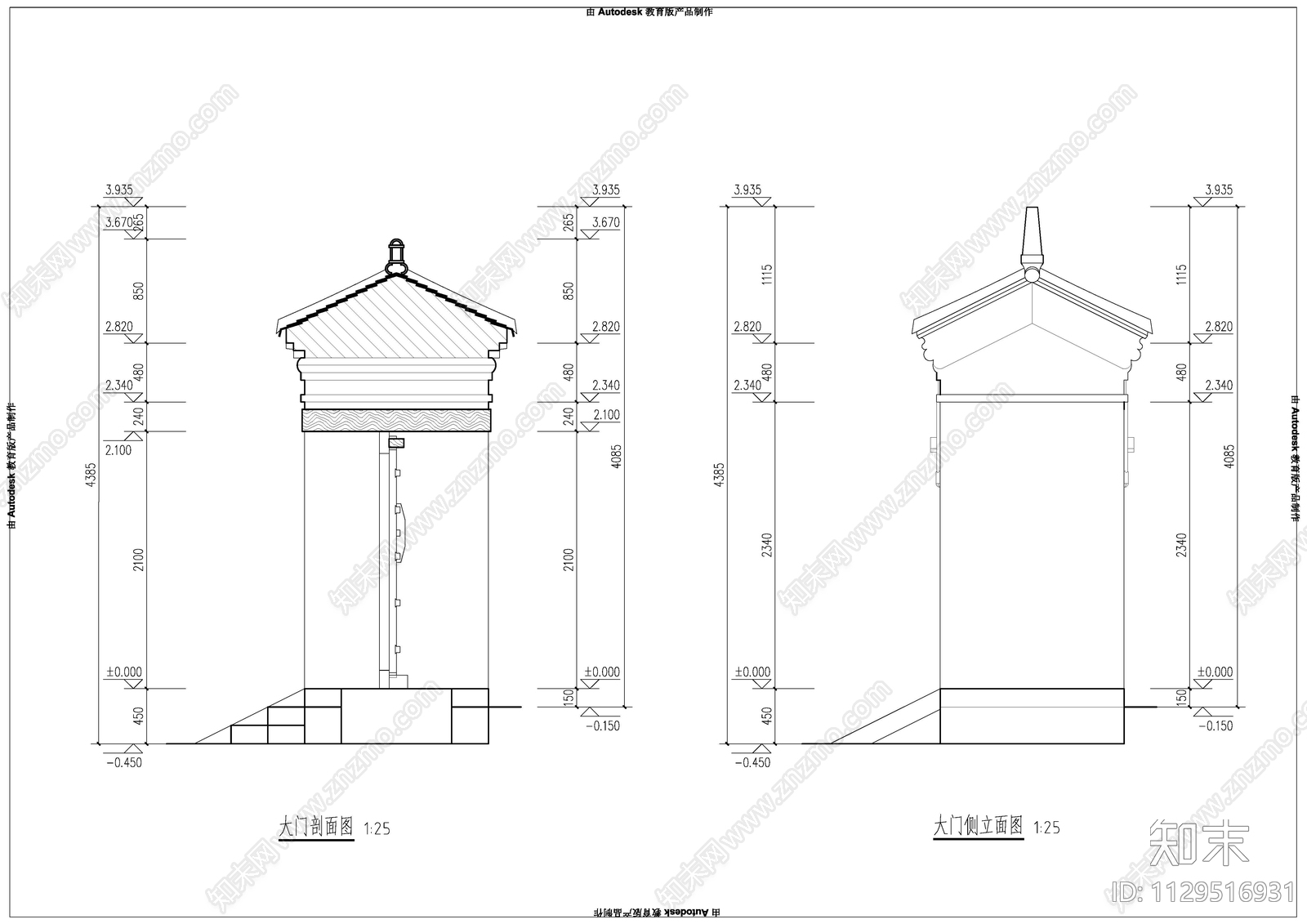 古建筑青砖大门楼cad施工图下载【ID:1129516931】