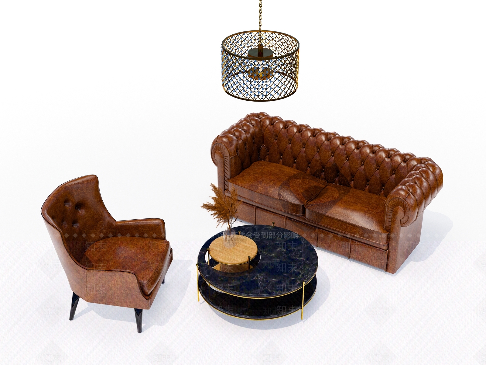 欧式轻奢真皮沙发茶几组合SU模型下载【ID:1129500844】
