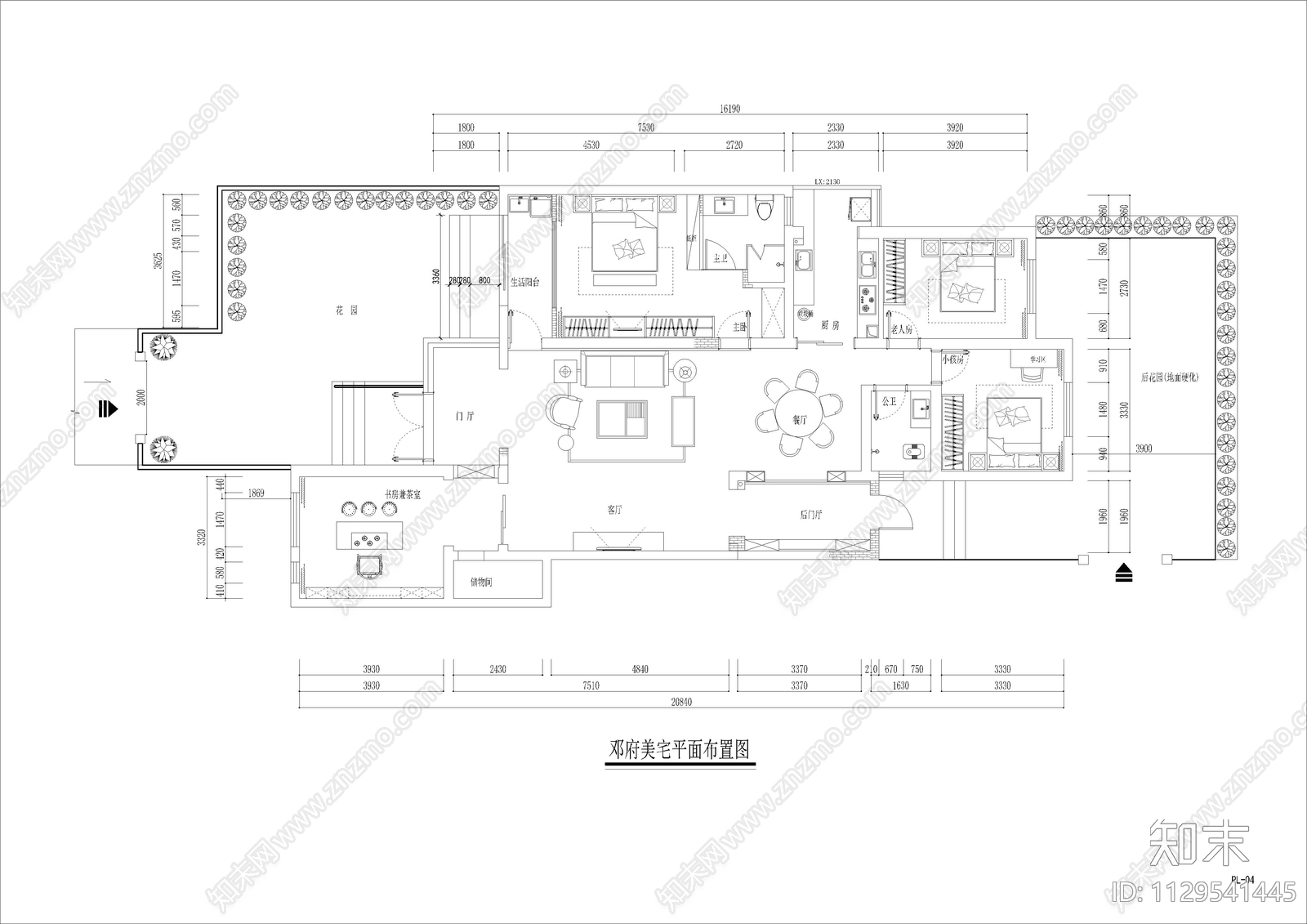 新中式家装平层室内cad施工图下载【ID:1129541445】