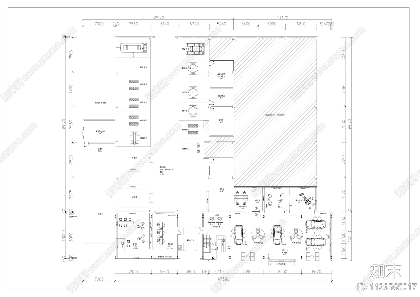 汽车销售中心平面图cad施工图下载【ID:1129565017】