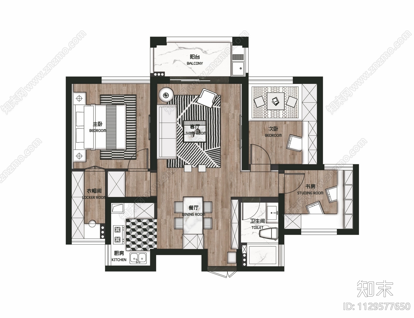 北欧风住宅精装cad施工图下载【ID:1129577650】