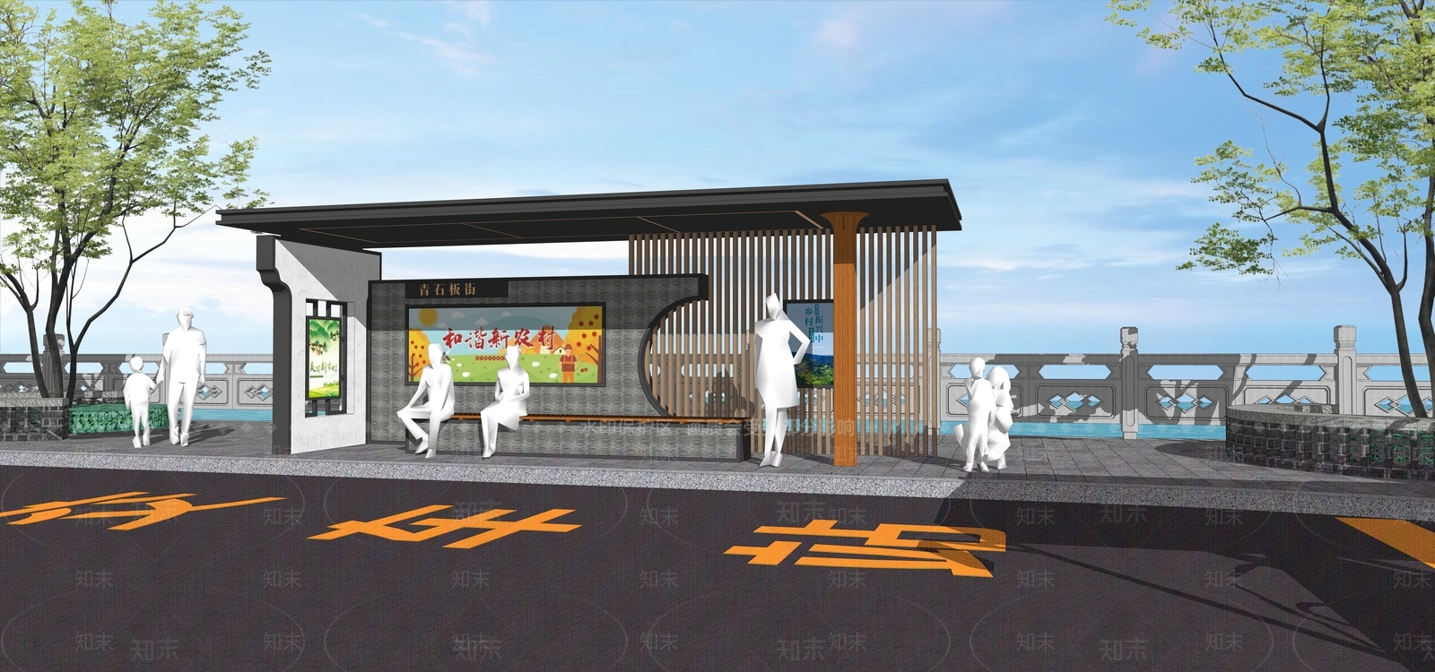 新中式公交站台SU模型下载【ID:1129583670】