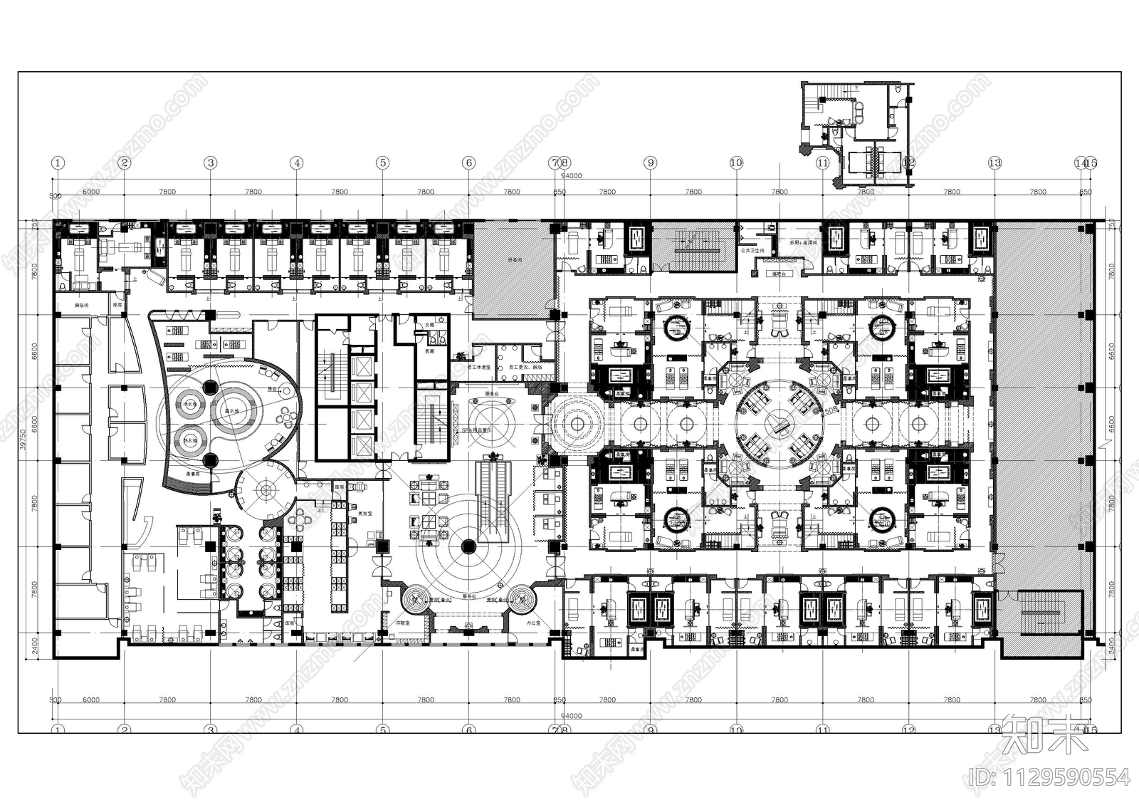 会所室内平面布置图cad施工图下载【ID:1129590554】