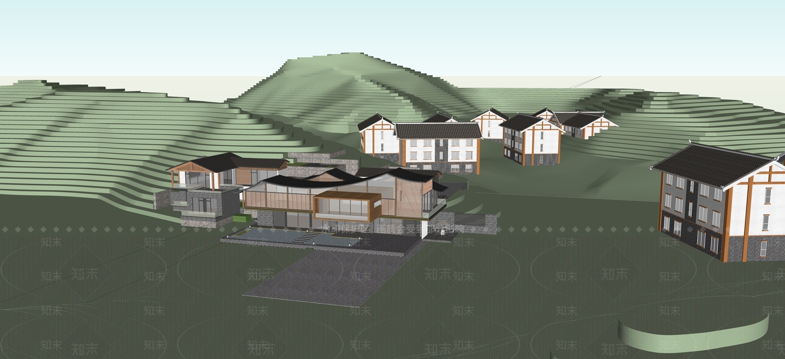 新中式餐饮建筑SU模型下载【ID:1129608901】