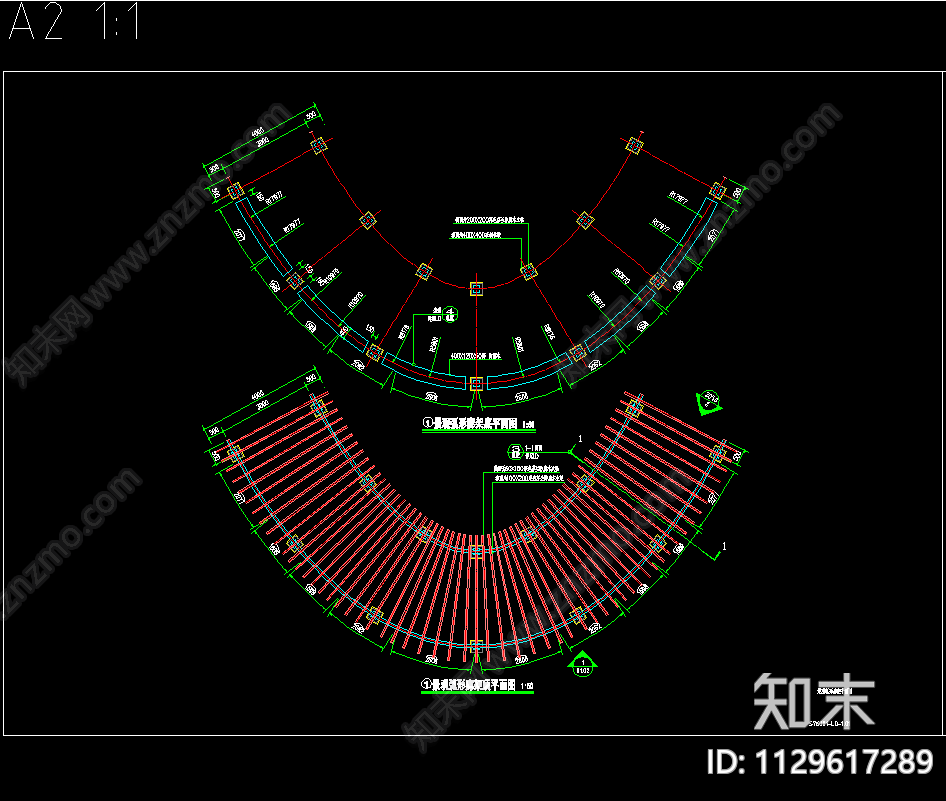 弧形廊架cad施工图下载【ID:1129617289】