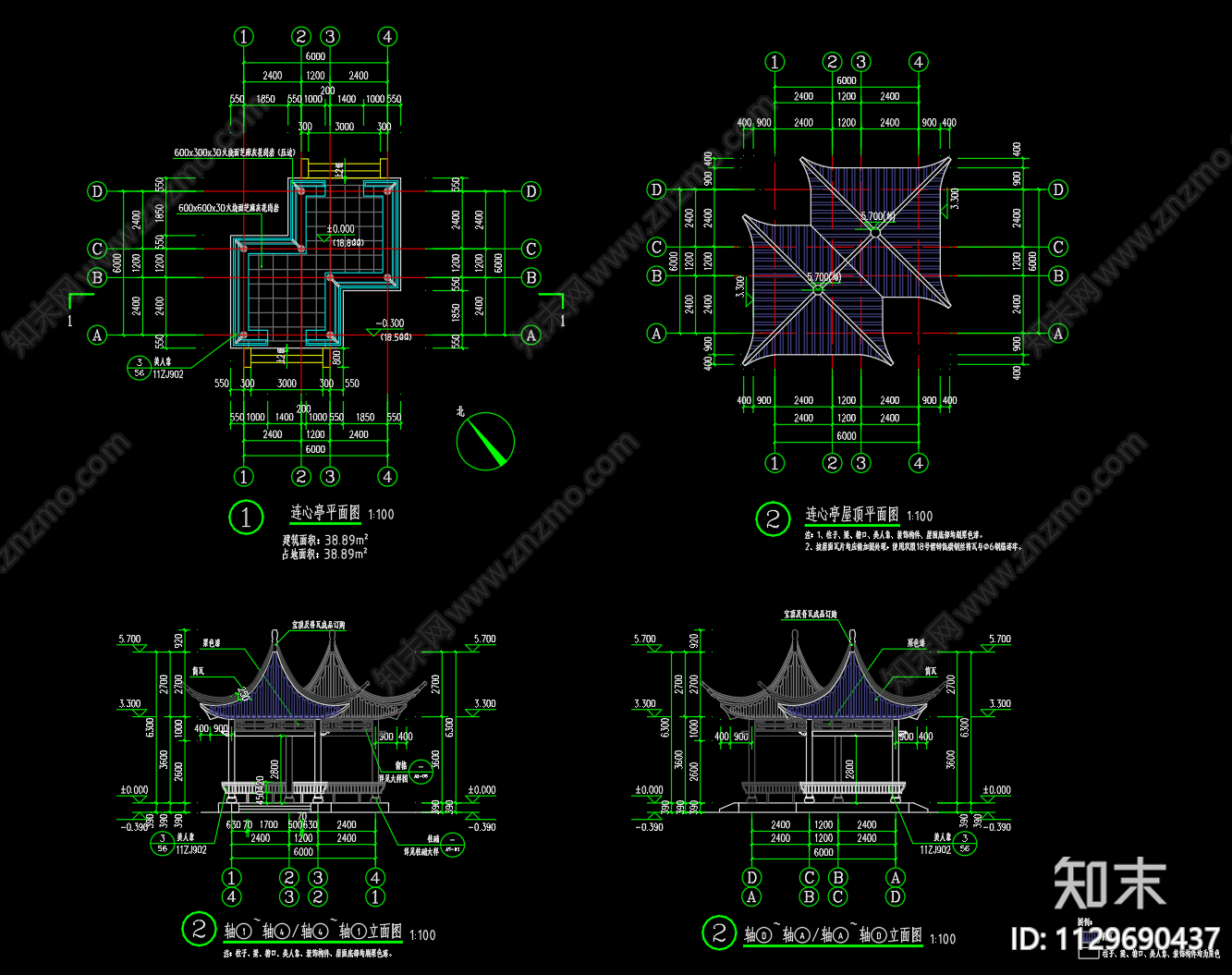 古建连心亭详图cad施工图下载【ID:1129690437】