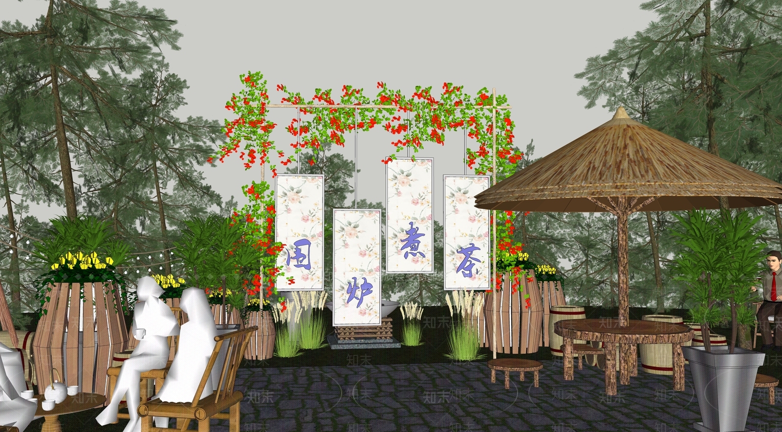 新中式围炉煮茶指示牌SU模型下载【ID:1129640510】