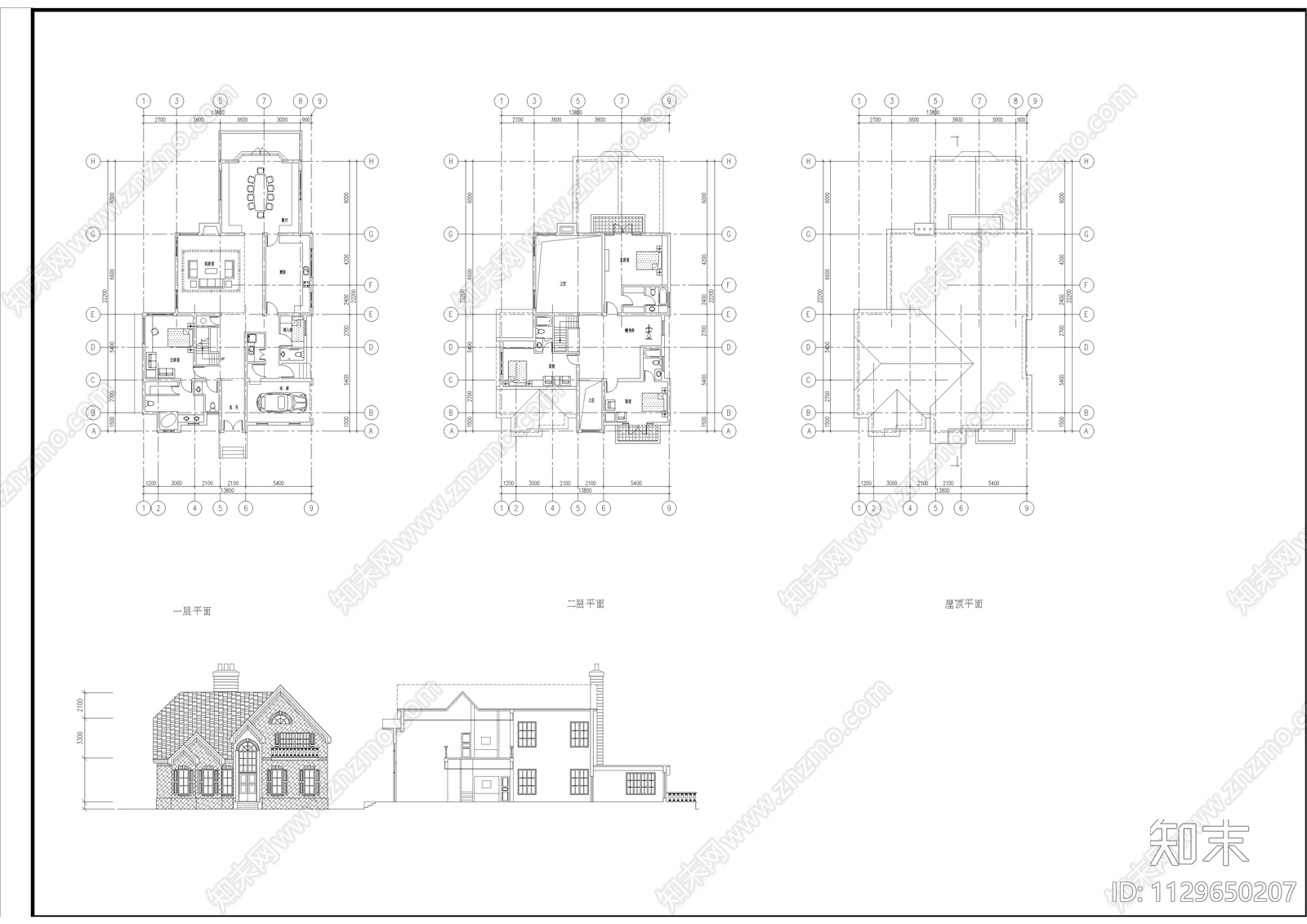 欧式古典别墅建筑cad施工图下载【ID:1129650207】