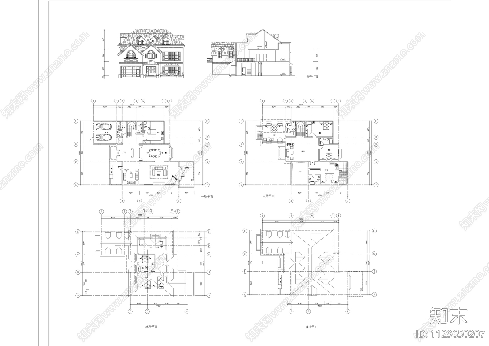 欧式古典别墅建筑cad施工图下载【ID:1129650207】