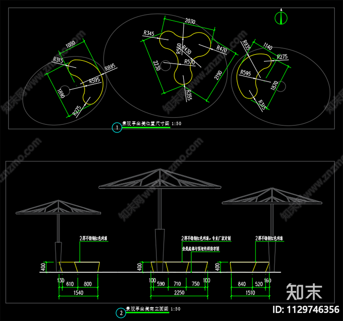 园亭及园亭坐凳详图cad施工图下载【ID:1129746356】