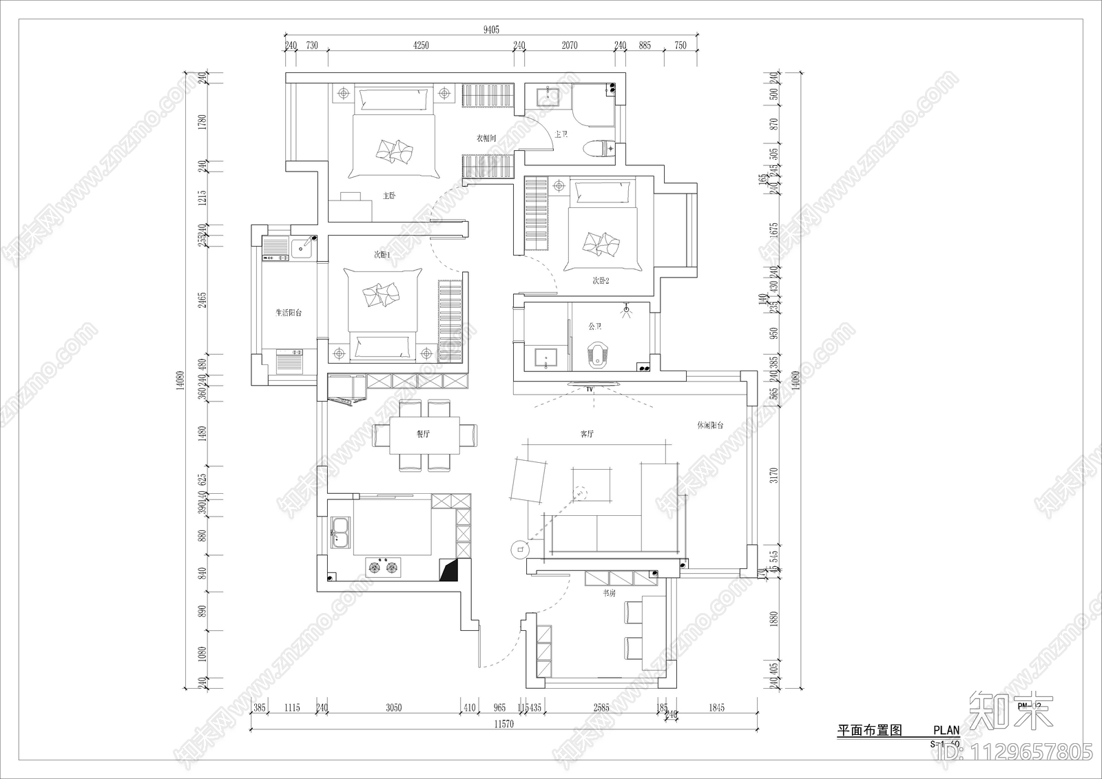 120平室内平层施工图下载【ID:1129657805】