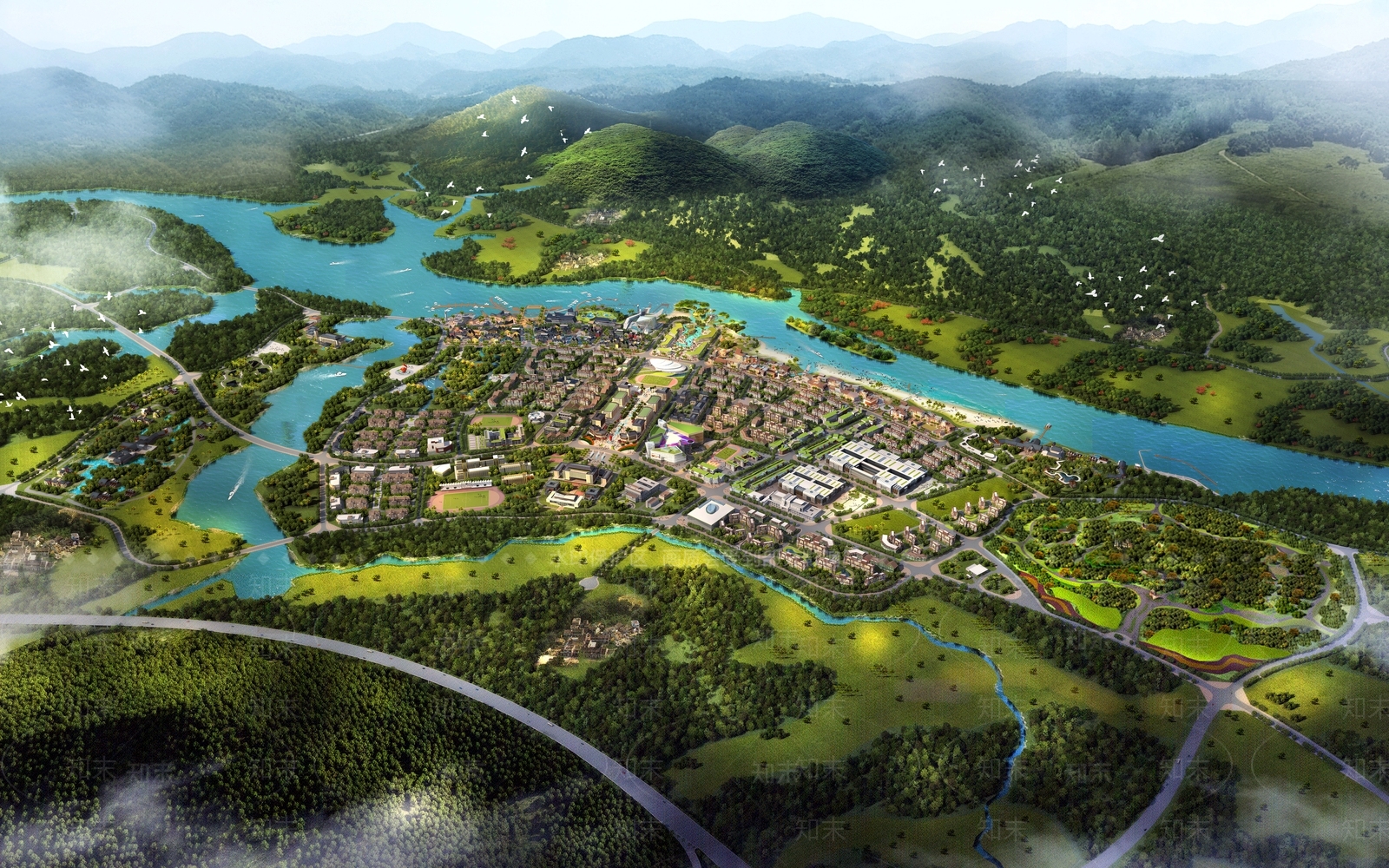 现代城市旅游路线鸟瞰规划3D模型下载【ID:1129661627】