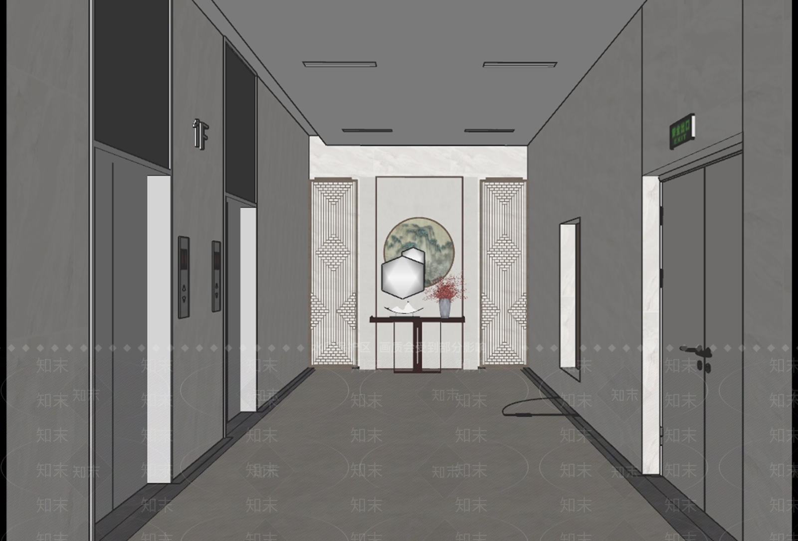 新中式电梯厅SU模型下载【ID:1129663363】