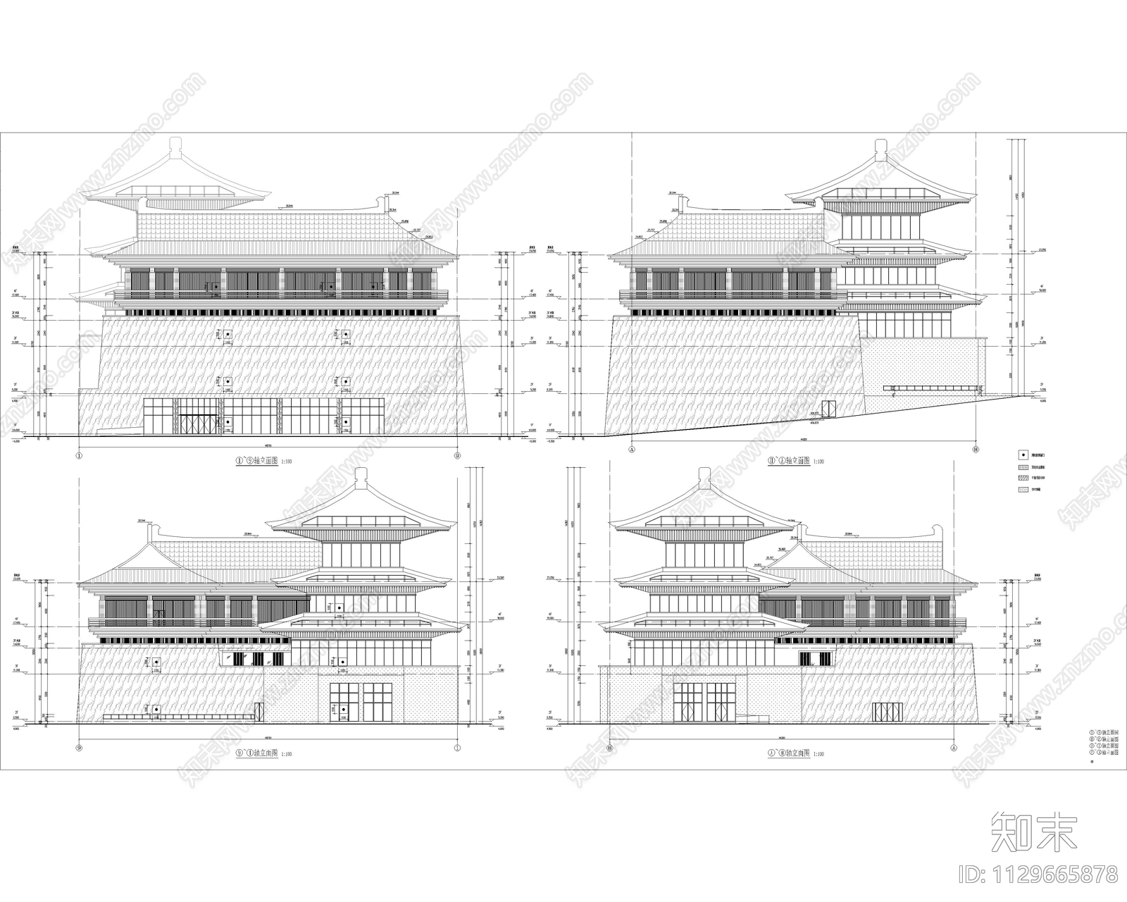 中式文化馆建筑cad施工图下载【ID:1129665878】