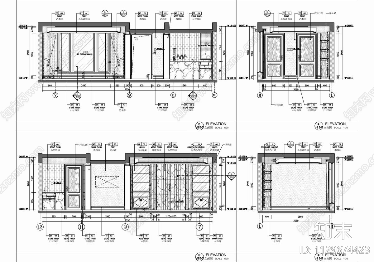 415㎡别墅样板房室内cad施工图下载【ID:1129674423】