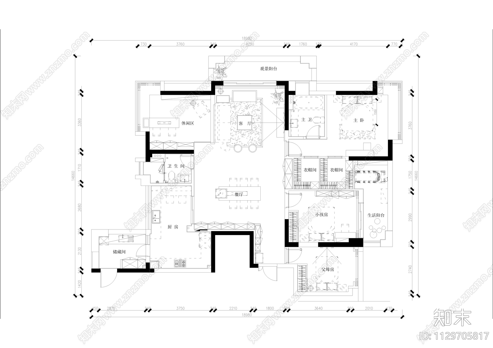 后现代轻奢无主灯大平层cad施工图下载【ID:1129705817】