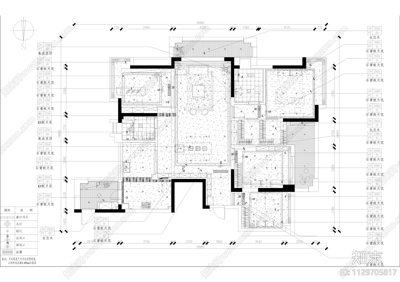 后现代轻奢无主灯大平层cad施工图下载【ID:1129705817】